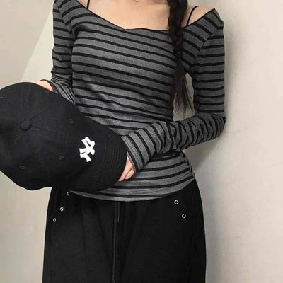 Comfortable Striped Off-Shoulder Long-Sleeve T-Shirt