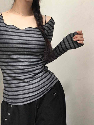 Comfortable Striped Off-Shoulder Long-Sleeve T-Shirt