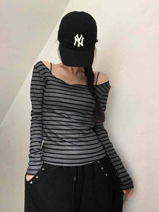 Comfortable Striped Off-Shoulder Long-Sleeve T-Shirt