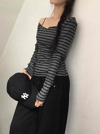 Comfortable Striped Off-Shoulder Long-Sleeve T-Shirt