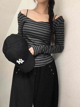 Comfortable Striped Off-Shoulder Long-Sleeve T-Shirt