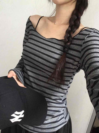 Comfortable Striped Off-Shoulder Long-Sleeve T-Shirt