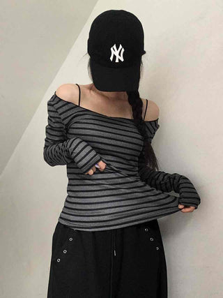 Comfortable Striped Off-Shoulder Long-Sleeve T-Shirt