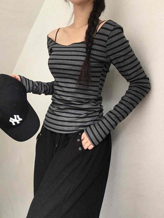 Comfortable Striped Off-Shoulder Long-Sleeve T-Shirt
