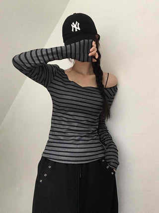 Comfortable Striped Off-Shoulder Long-Sleeve T-Shirt