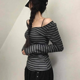Comfortable Striped Off-Shoulder Long-Sleeve T-Shirt