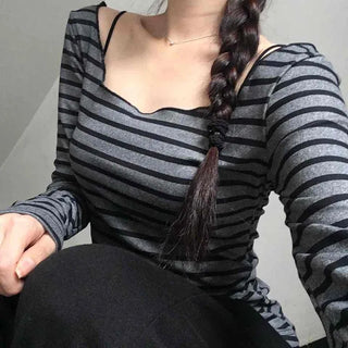 Comfortable Striped Off-Shoulder Long-Sleeve T-Shirt