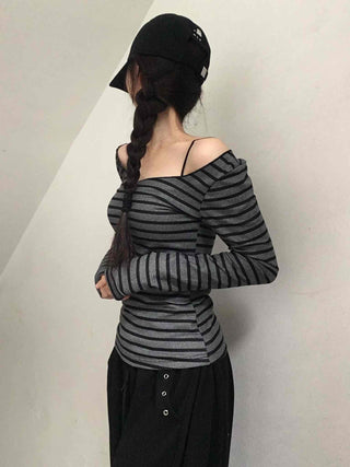 Comfortable Striped Off-Shoulder Long-Sleeve T-Shirt