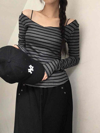 Comfortable Striped Off-Shoulder Long-Sleeve T-Shirt