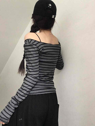 Comfortable Striped Off-Shoulder Long-Sleeve T-Shirt