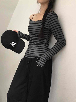Comfortable Striped Off-Shoulder Long-Sleeve T-Shirt
