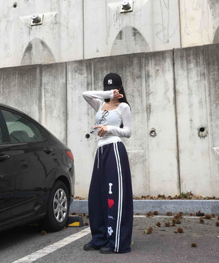 Effortless Kitsch Lettering Loose Fit Long Pants