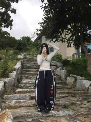 Effortless Kitsch Lettering Loose Fit Long Pants