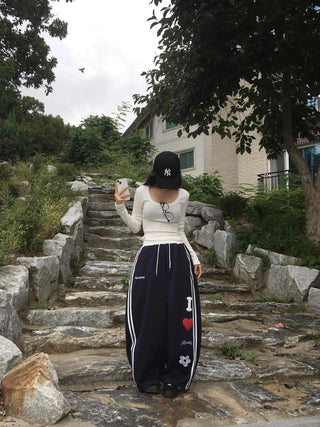 Effortless Kitsch Lettering Loose Fit Long Pants