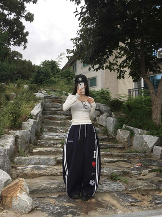 Effortless Kitsch Lettering Loose Fit Long Pants