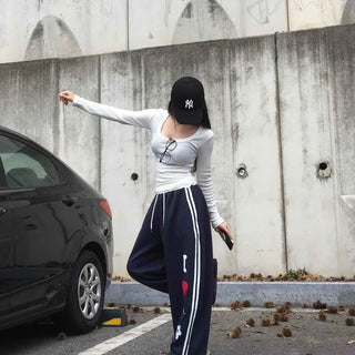 Effortless Kitsch Lettering Loose Fit Long Pants