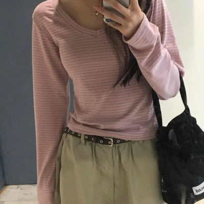 Natural Arm Cover Striped V-Neck Long Sleeve T-Shirt