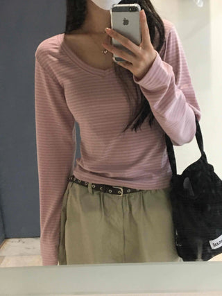 Natural Arm Cover Striped V-Neck Long Sleeve T-Shirt