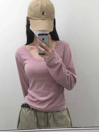 Natural Arm Cover Striped V-Neck Long Sleeve T-Shirt