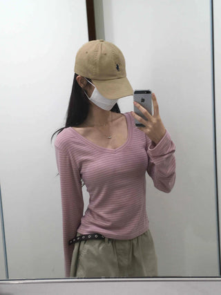 Natural Arm Cover Striped V-Neck Long Sleeve T-Shirt