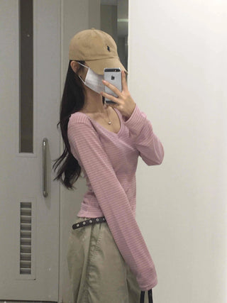 Natural Arm Cover Striped V-Neck Long Sleeve T-Shirt