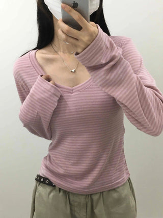 Natural Arm Cover Striped V-Neck Long Sleeve T-Shirt
