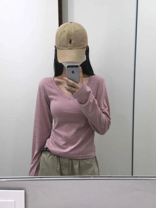Natural Arm Cover Striped V-Neck Long Sleeve T-Shirt