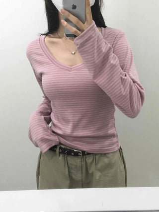 Natural Arm Cover Striped V-Neck Long Sleeve T-Shirt