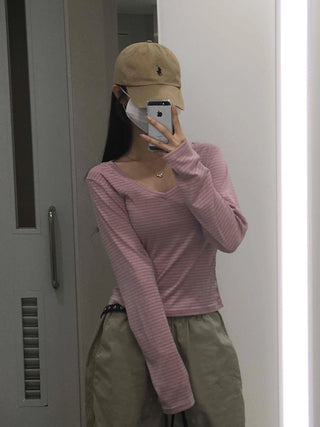 Natural Arm Cover Striped V-Neck Long Sleeve T-Shirt