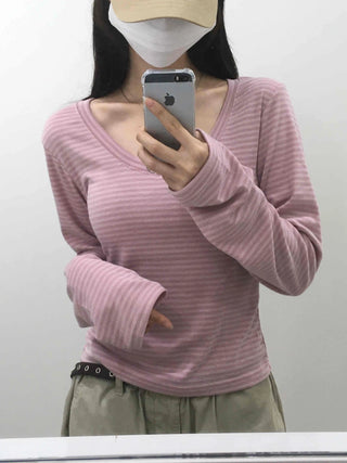 Natural Arm Cover Striped V-Neck Long Sleeve T-Shirt