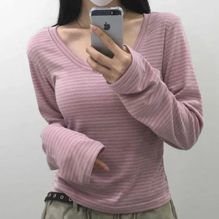 Natural Arm Cover Striped V-Neck Long Sleeve T-Shirt