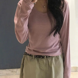 Natural Arm Cover Striped V-Neck Long Sleeve T-Shirt