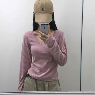 Natural Arm Cover Striped V-Neck Long Sleeve T-Shirt