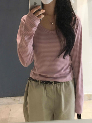 Natural Arm Cover Striped V-Neck Long Sleeve T-Shirt