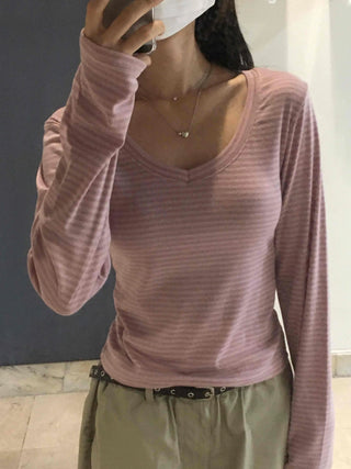 Natural Arm Cover Striped V-Neck Long Sleeve T-Shirt
