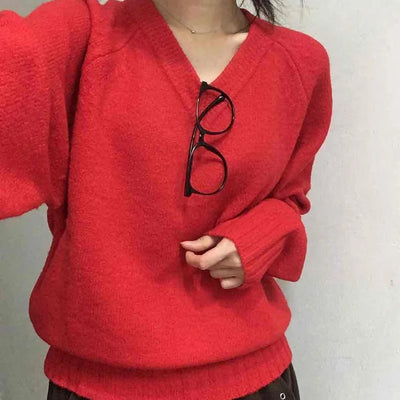 Street Avant-garde Fit Plain V-neck Knit