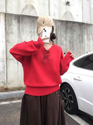 Street Avant-garde Fit Plain V-neck Knit