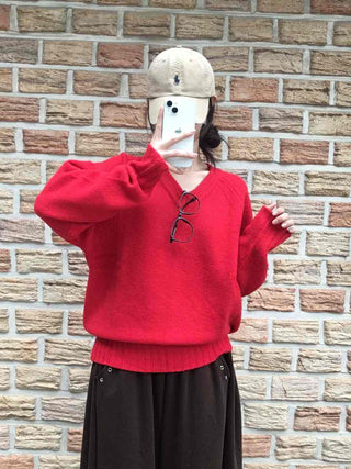 Street Avant-garde Fit Plain V-neck Knit