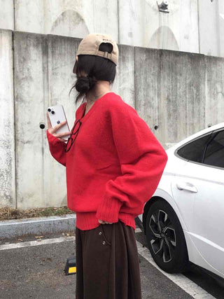 Street Avant-garde Fit Plain V-neck Knit