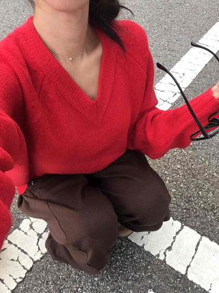 Street Avant-garde Fit Plain V-neck Knit