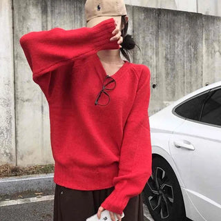 Street Avant-garde Fit Plain V-neck Knit