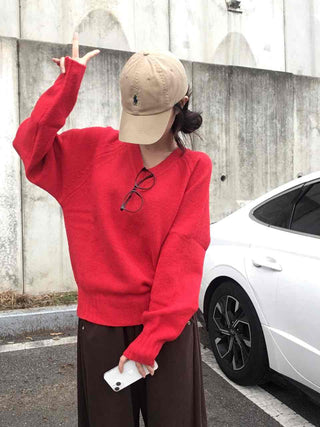 Street Avant-garde Fit Plain V-neck Knit