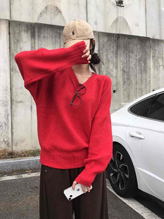 Street Avant-garde Fit Plain V-neck Knit