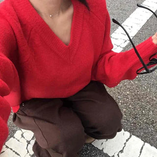 Street Avant-garde Fit Plain V-neck Knit