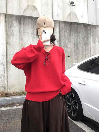 Street Avant-garde Fit Plain V-neck Knit