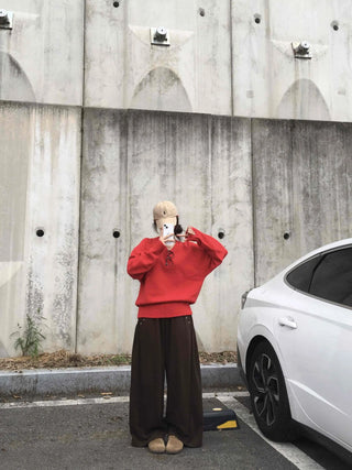 Street Avant-garde Fit Plain V-neck Knit