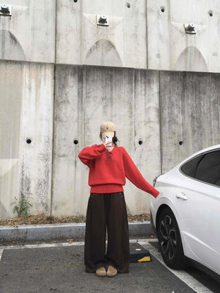 Street Avant-garde Fit Plain V-neck Knit