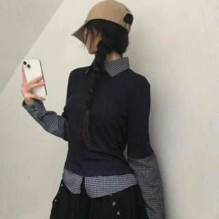 Navy check layered simple basic long-sleeve t-shirt