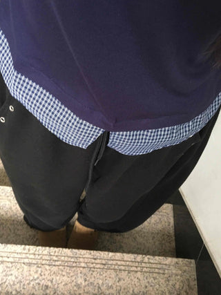 Navy check layered simple basic long-sleeve t-shirt