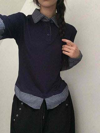 Navy check layered simple basic long-sleeve t-shirt